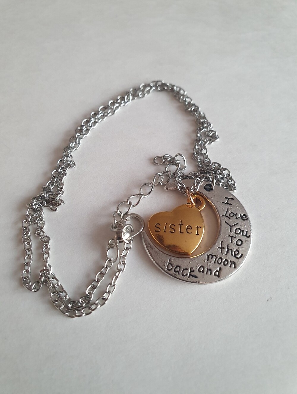 Moon Pendant Necklace Silver/Gold Tone Engraved Sister Heart Charm 18in